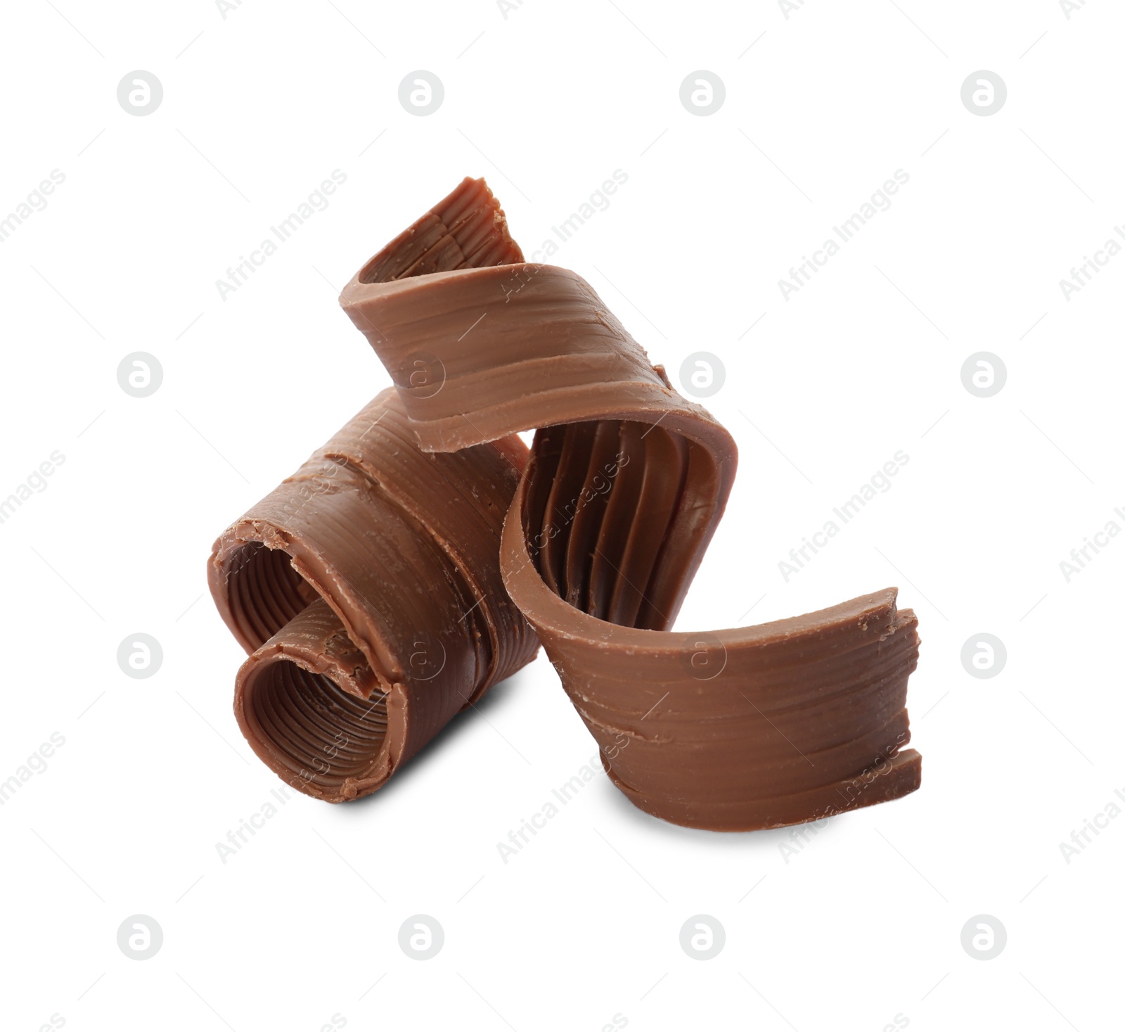 Photo of Yummy chocolate curls for decor on white background