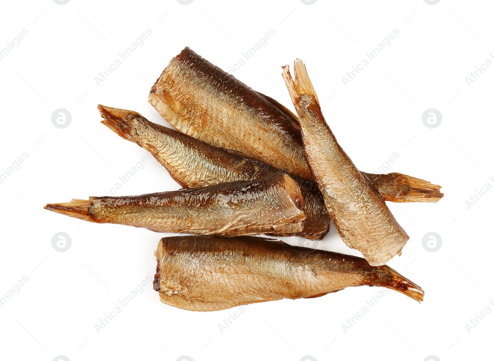 Photo of Tasty canned sprats isolated on white, top view