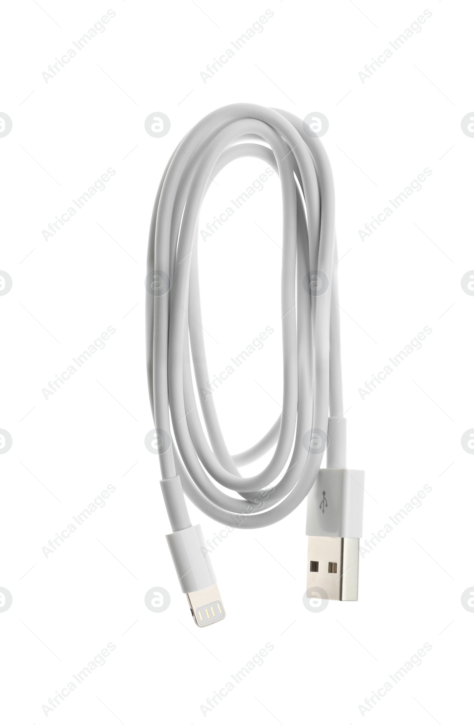 Photo of USB charge cable isolated on white, top view. Modern technology