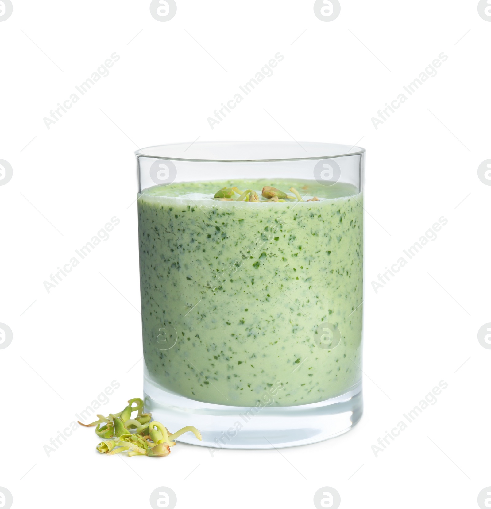 Photo of Glass with green buckwheat smoothie isolated on white