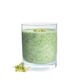 Photo of Glass with green buckwheat smoothie isolated on white