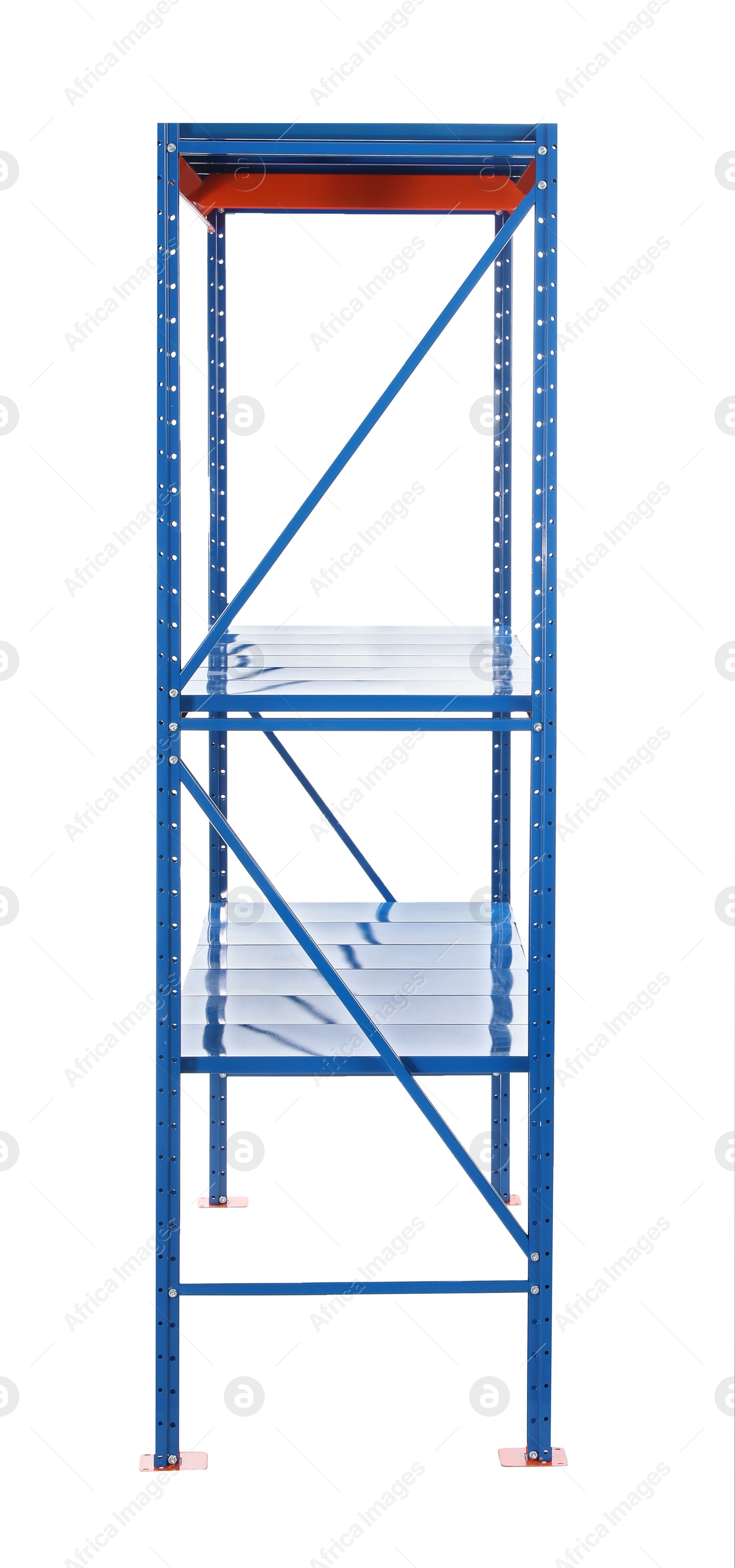 Photo of Empty metal shelving unit isolated on white