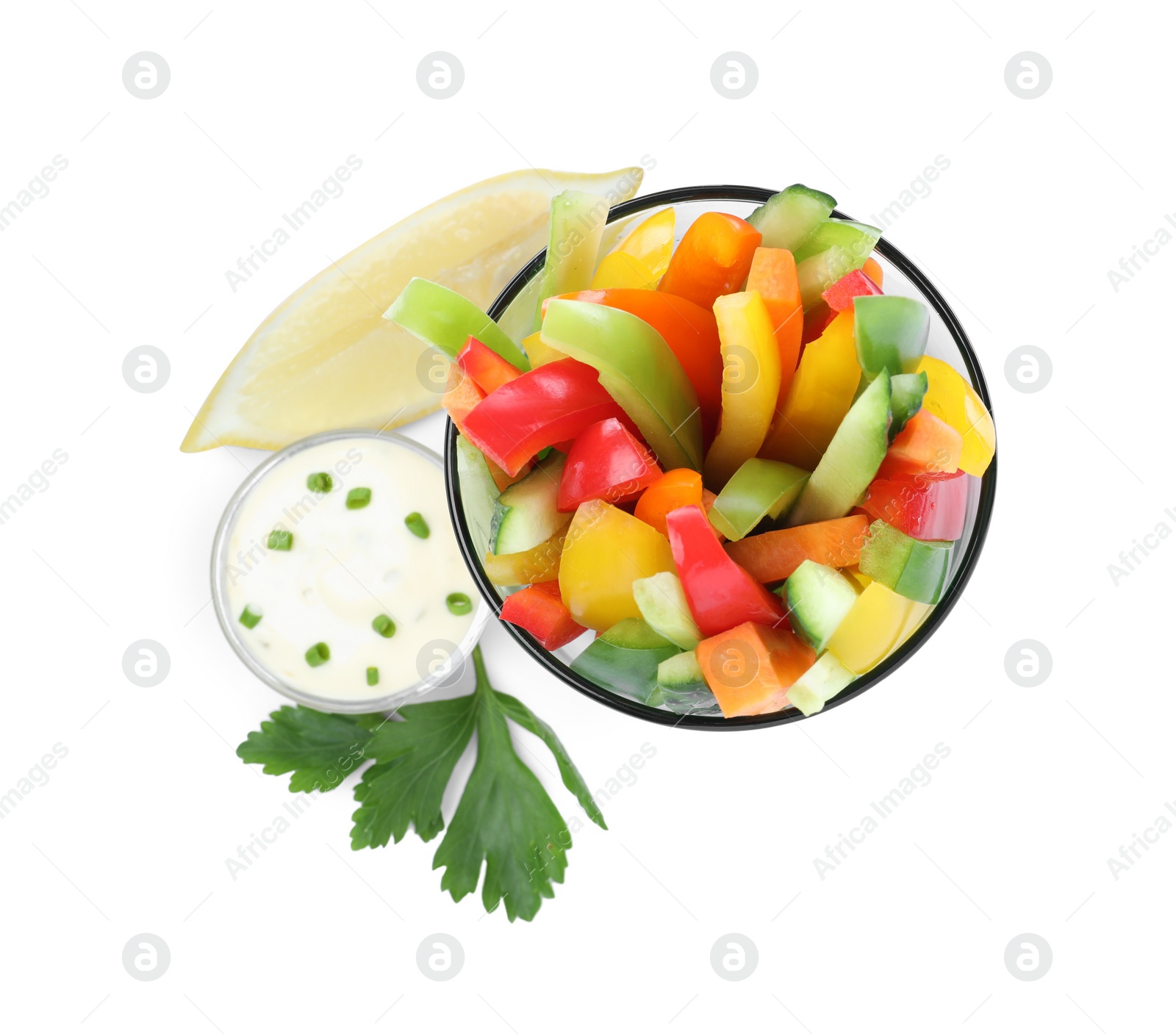 Photo of Different vegetables cut in sticks and bowl with dip sauce on white background, top view