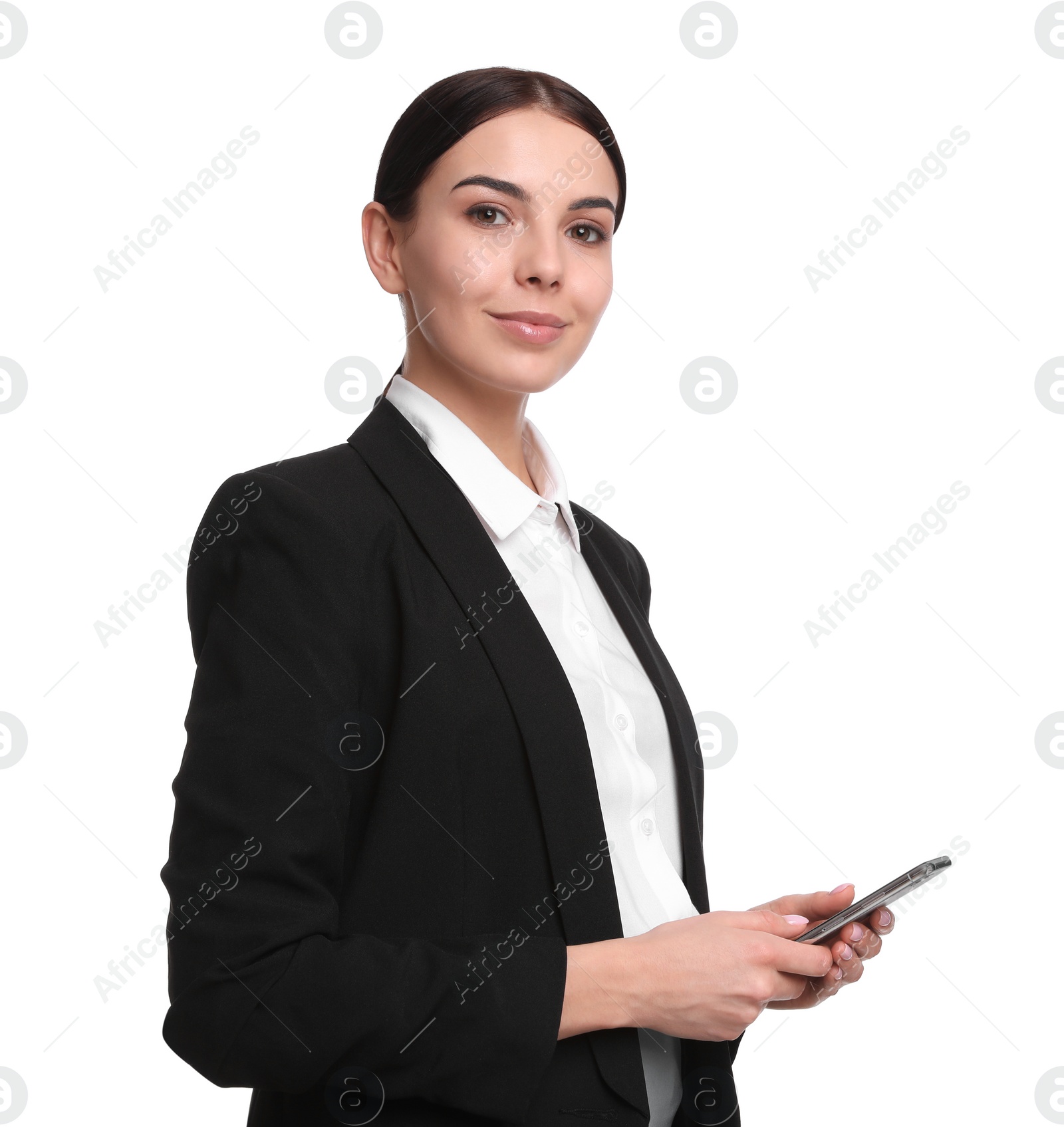 Photo of Young businesswoman with mobile phone on white background