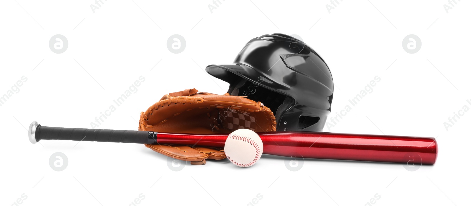 Photo of Baseball bat, ball, batting helmet and glove isolated on white