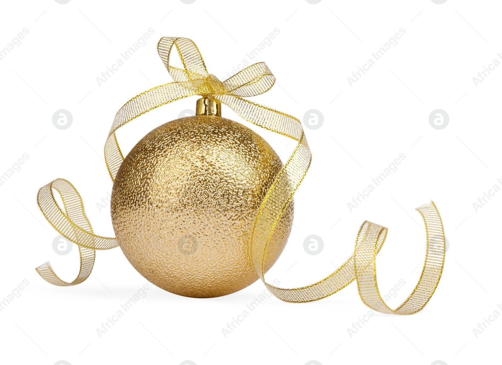 Photo of Beautiful golden Christmas ball with ribbon isolated on white