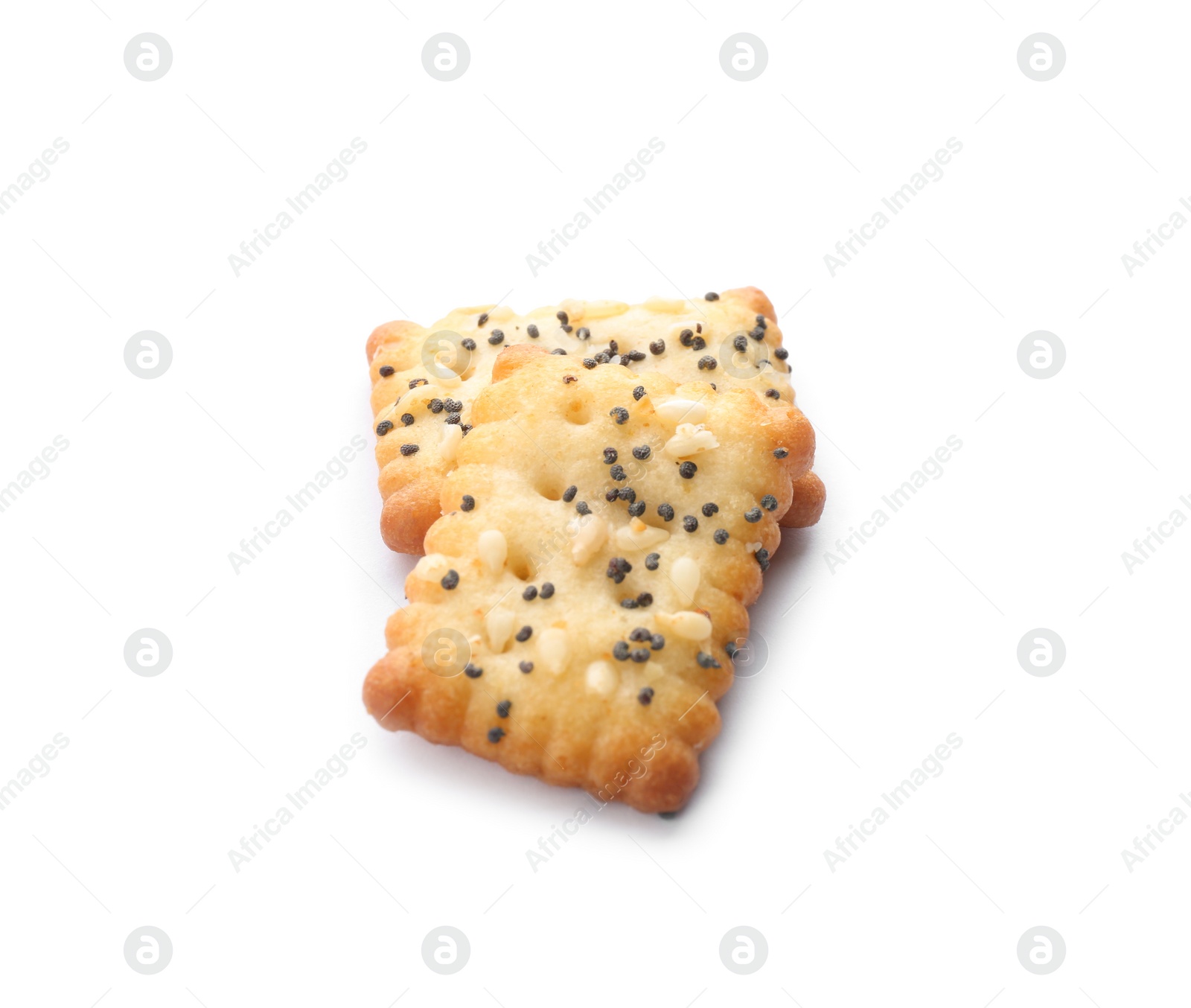 Photo of Delicious crispy crackers with poppy and sesame seeds isolated on white