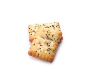 Photo of Delicious crispy crackers with poppy and sesame seeds isolated on white