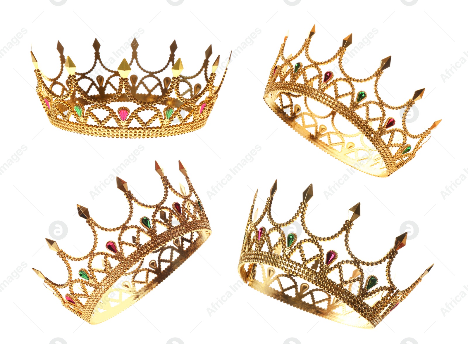 Image of Beautiful crown with gemstones on white background, views from different sides