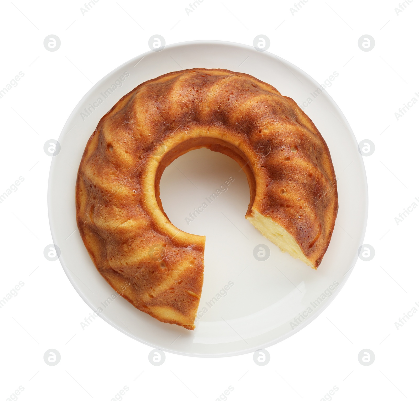 Photo of Delicious homemade yogurt cake on white background, top view