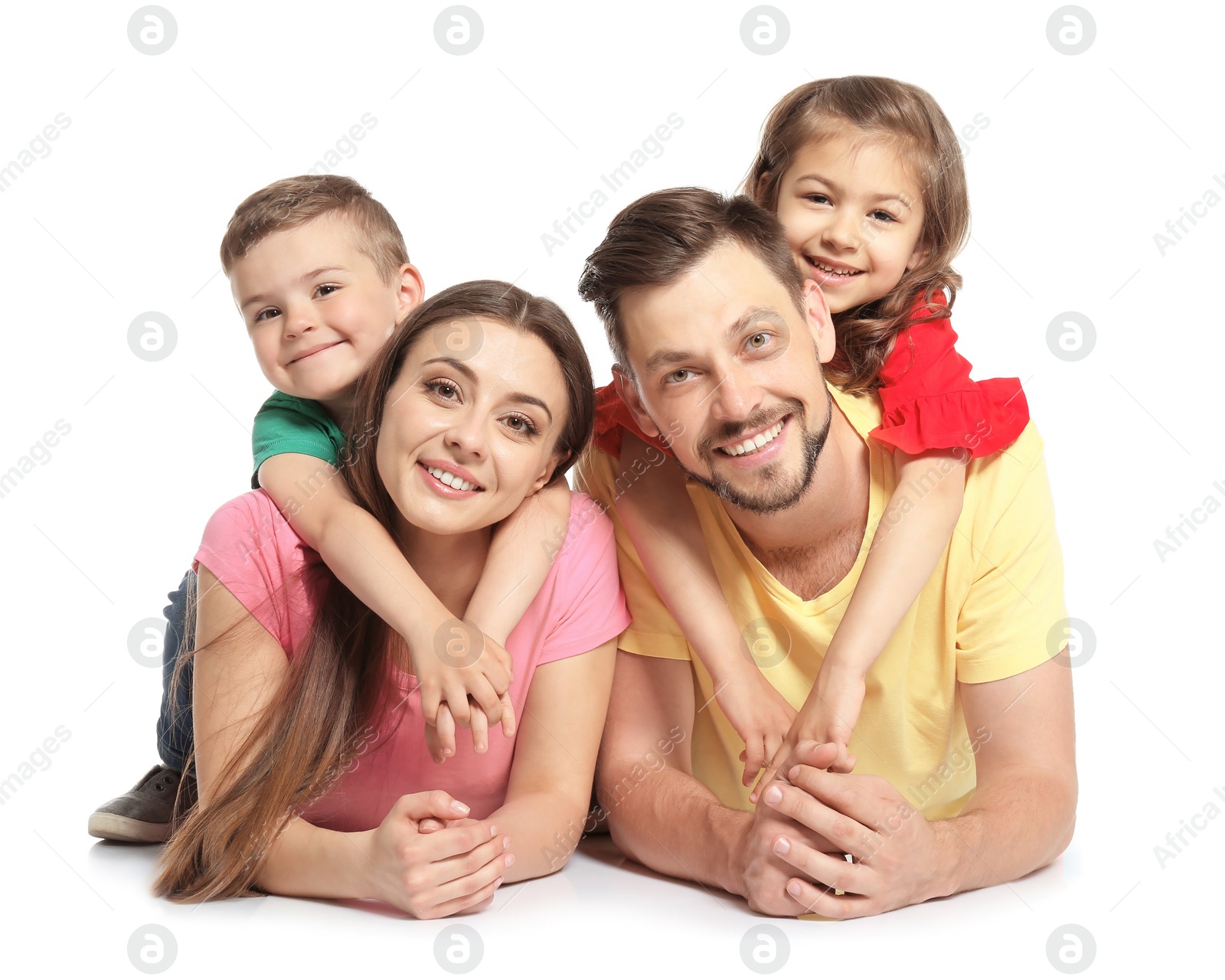 Photo of Happy family with cute children on white background