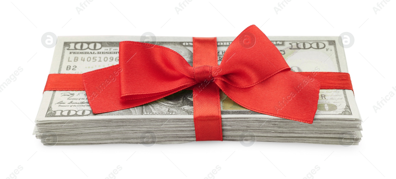 Photo of Stack of dollar banknotes with red ribbon isolated on white