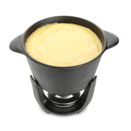 Fondue pot with tasty melted cheese isolated on white