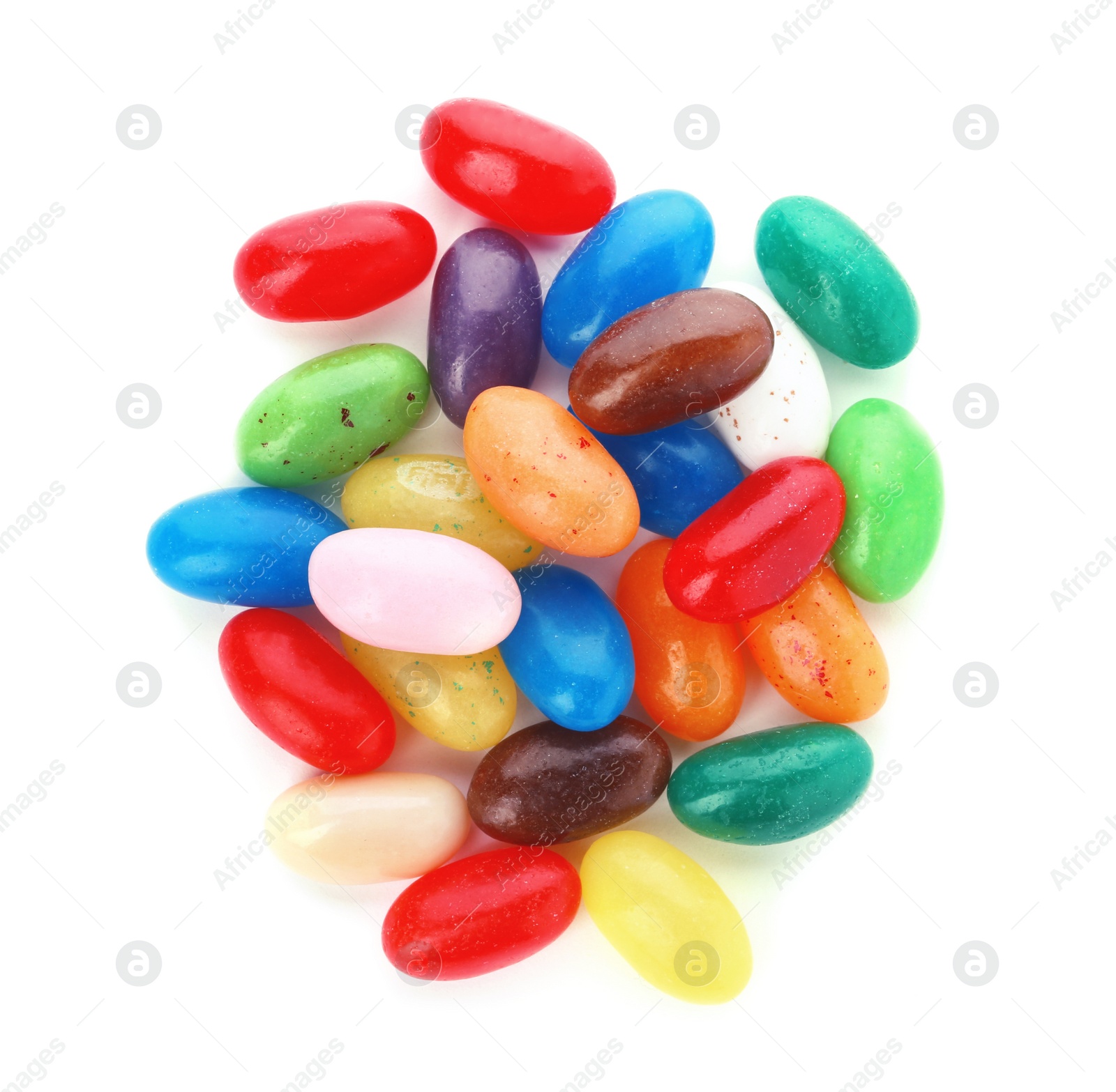 Photo of Pile of delicious colorful dragee candies on white background