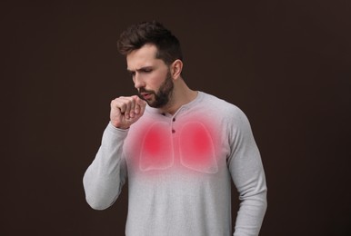 Image of Sick man coughing on brown background. Cold symptoms