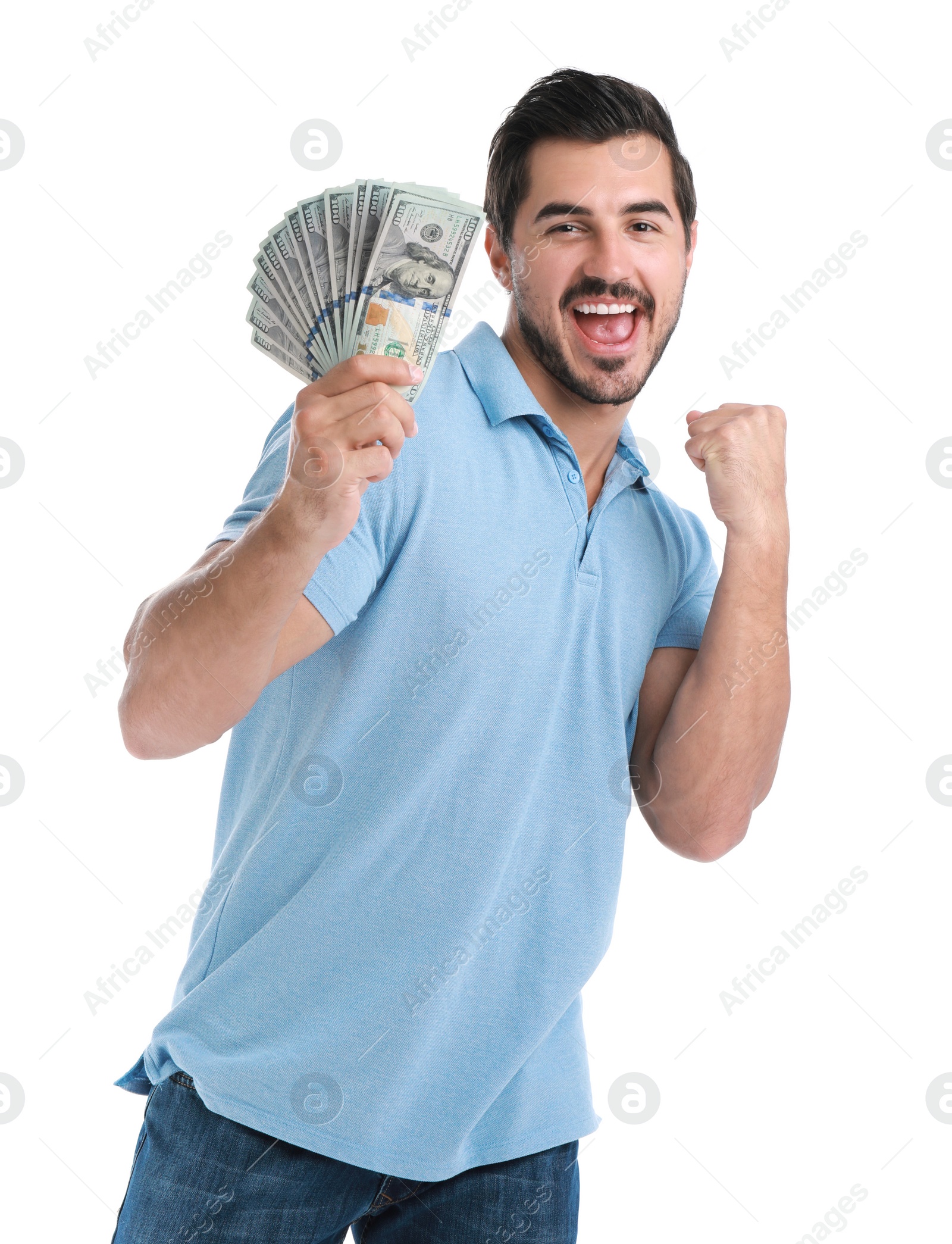 Photo of Handsome young man with dollars on white background