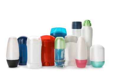 Photo of Different deodorants on white background. Skin care