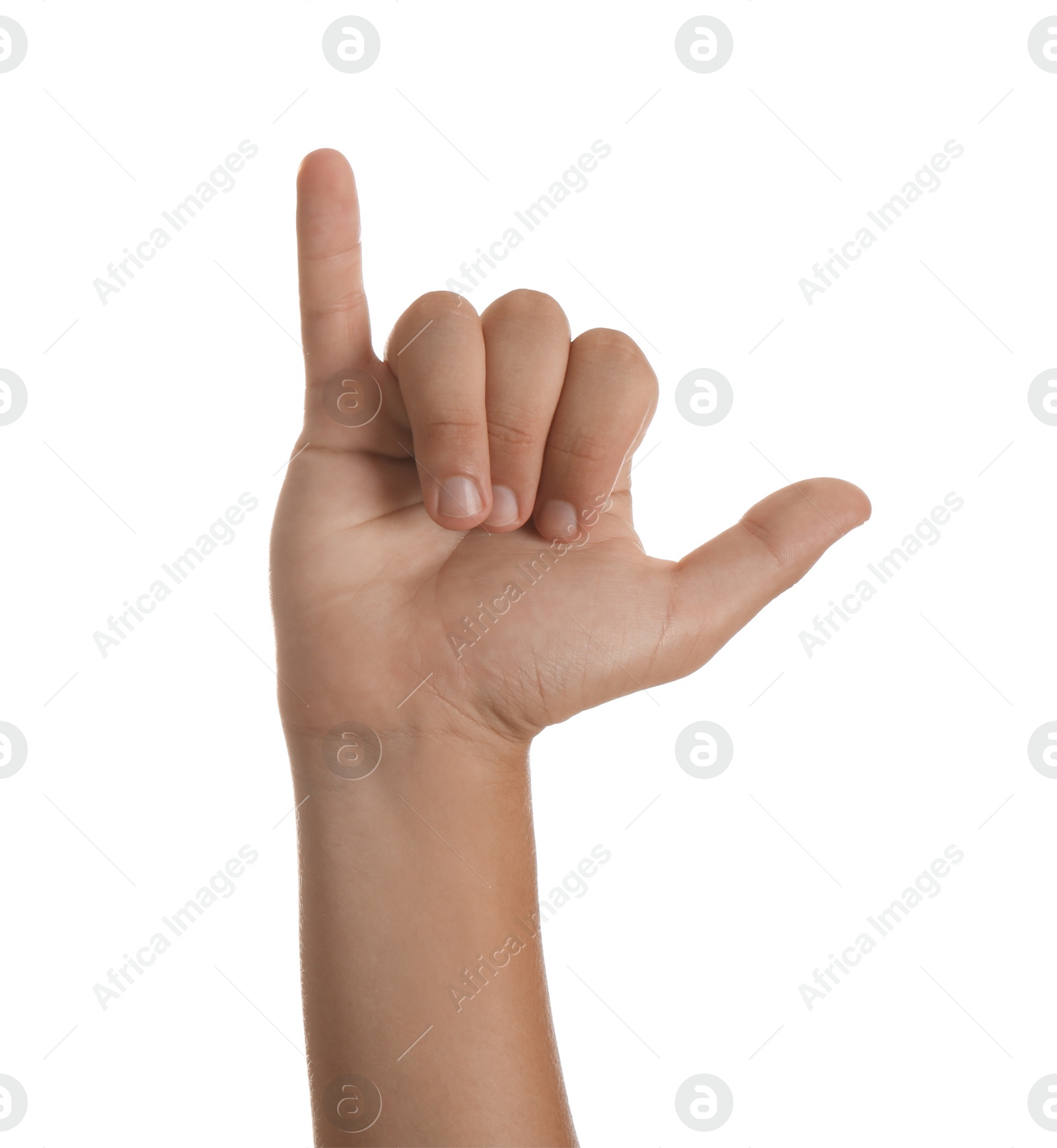 Photo of Teenage boy showing call me gesture on white background, closeup