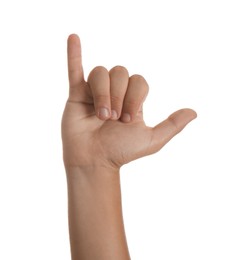 Photo of Teenage boy showing call me gesture on white background, closeup