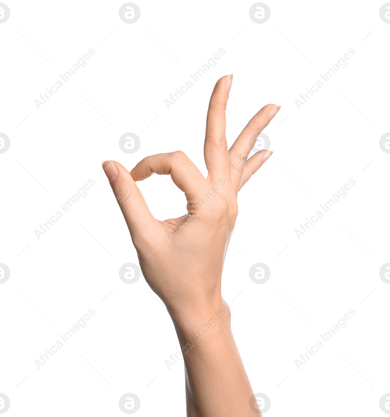 Photo of Woman showing sign okay on white background, closeup. Body language