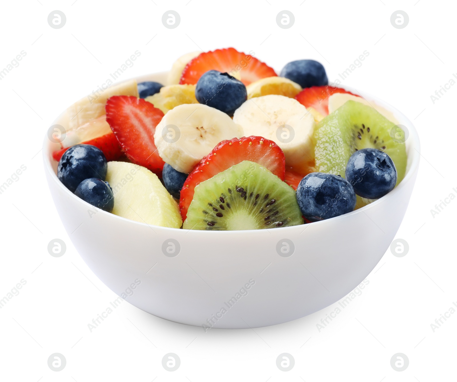 Photo of Tasty fruit salad in bowl isolated on white