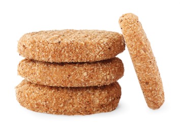 Photo of Stack of vegan cutlets with breadcrumbs isolated on white