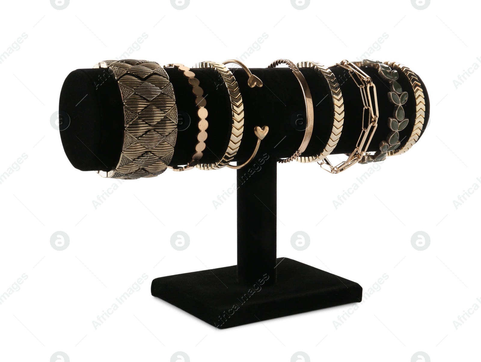 Photo of T-bar jewelry stand with stylish bracelets on white background