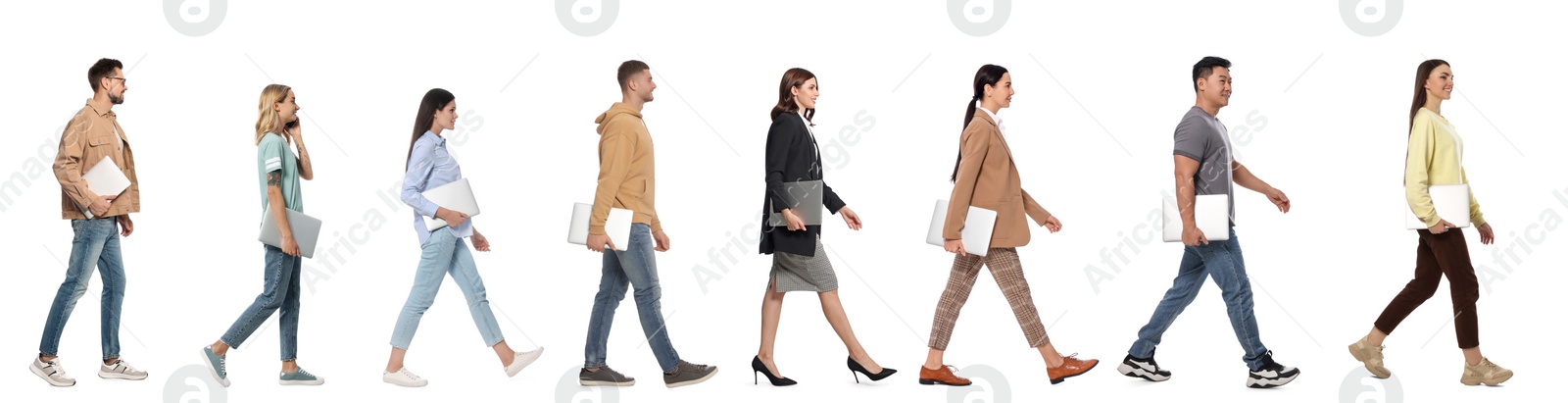 Image of Collage with photos of people wearing stylish outfit walking on white background. Banner design