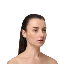 Image of Attractive woman with perfect skin after cosmetic treatment on white background. Lifting arrows on her face