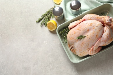 Dish with raw spiced turkey and rosemary on light background, top view. Space for text