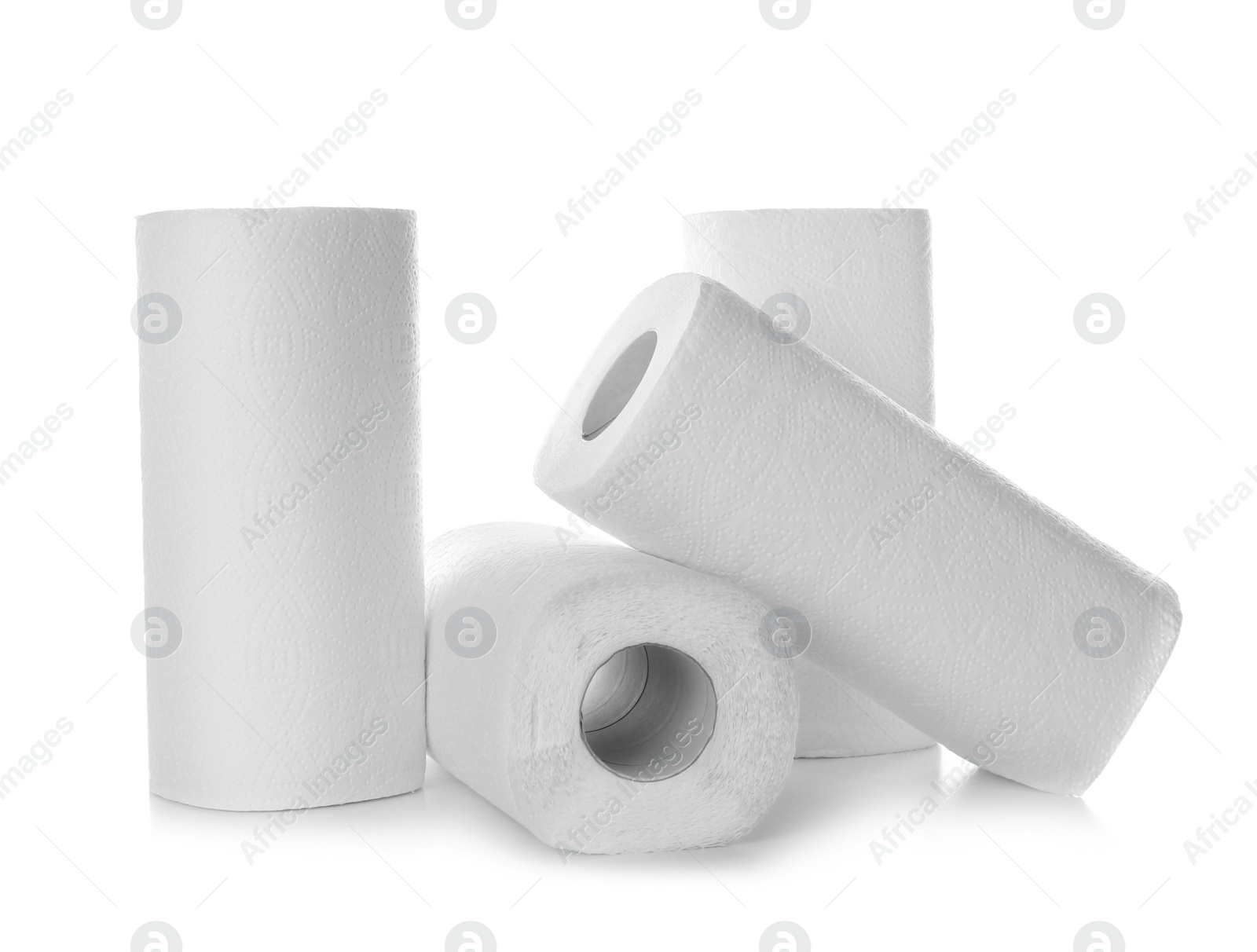 Photo of Rolls of paper towels on white background