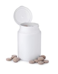 Photo of Plastic jar with brewer's yeast tablets isolated on white