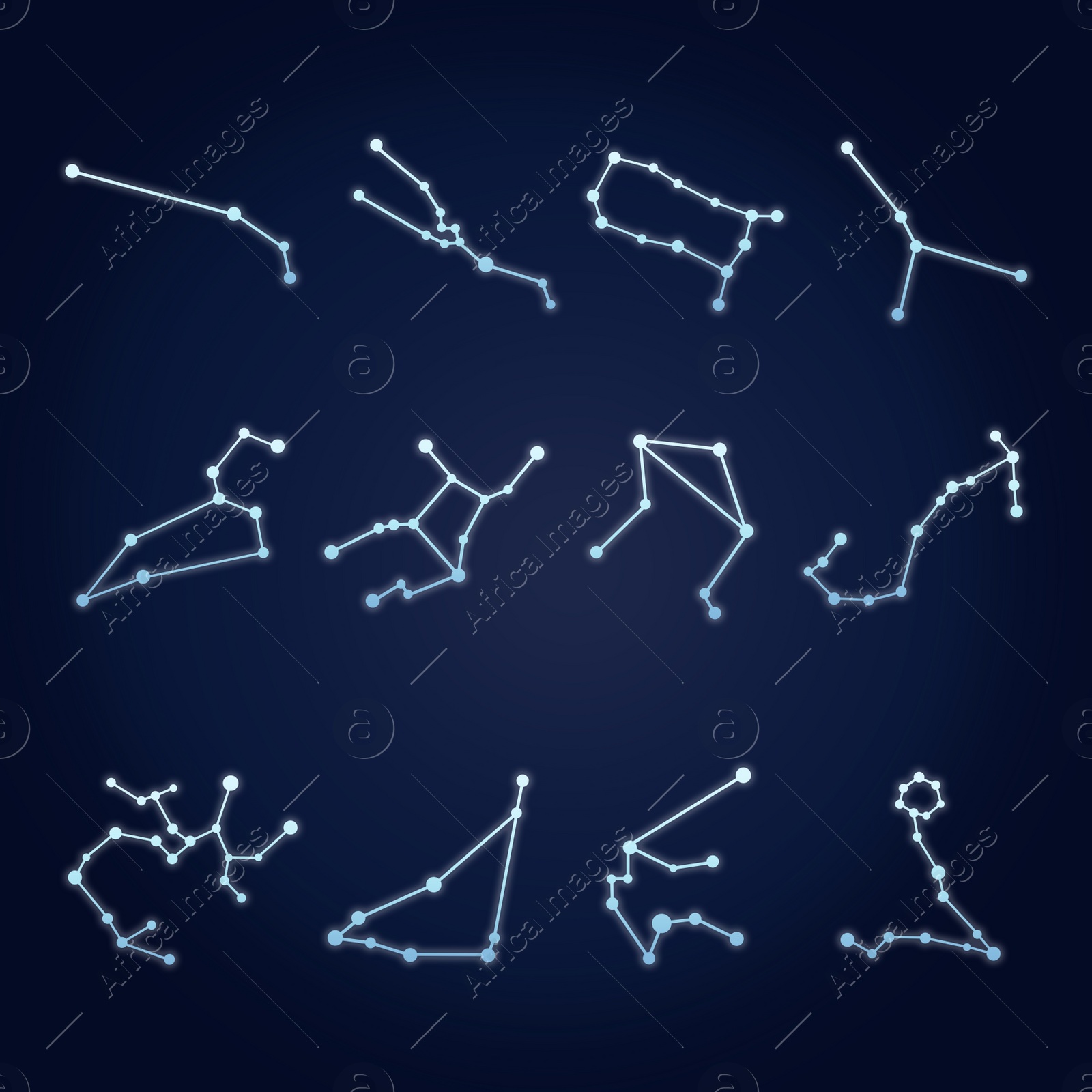 Illustration of Set with zodiac constellations on dark blue background