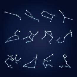 Illustration of Set with zodiac constellations on dark blue background