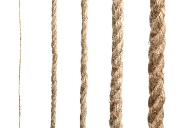 Photo of Set of hemp ropes on white background