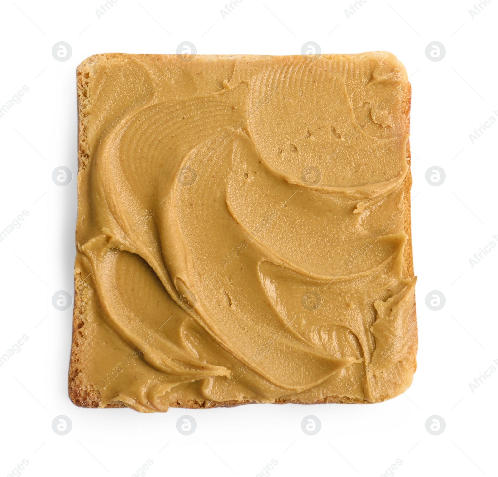 Photo of Toast with tasty nut butter isolated on white, top view