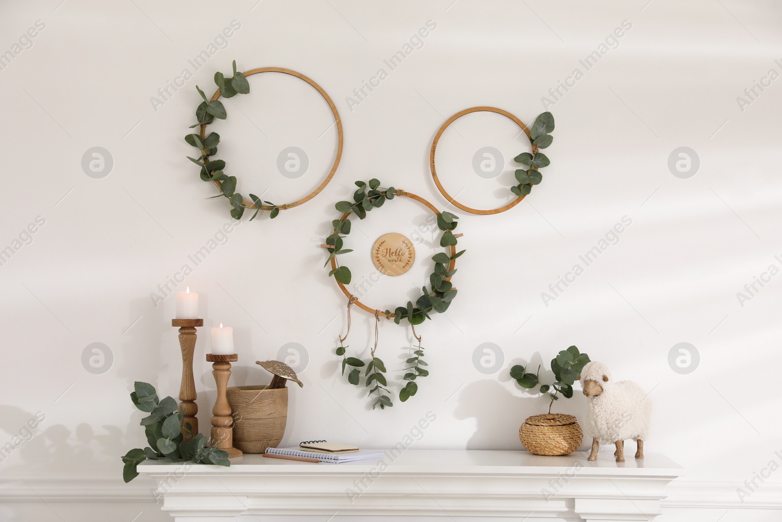 Photo of Beautiful eucalyptus decor on white wall in room. Interior element