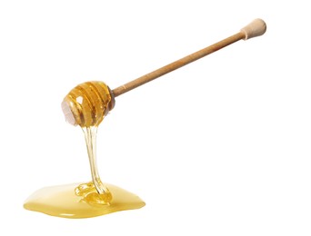 Photo of Natural honey dripping from dipper on white background