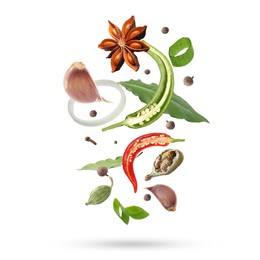 Image of Different aromatic spices falling on white background