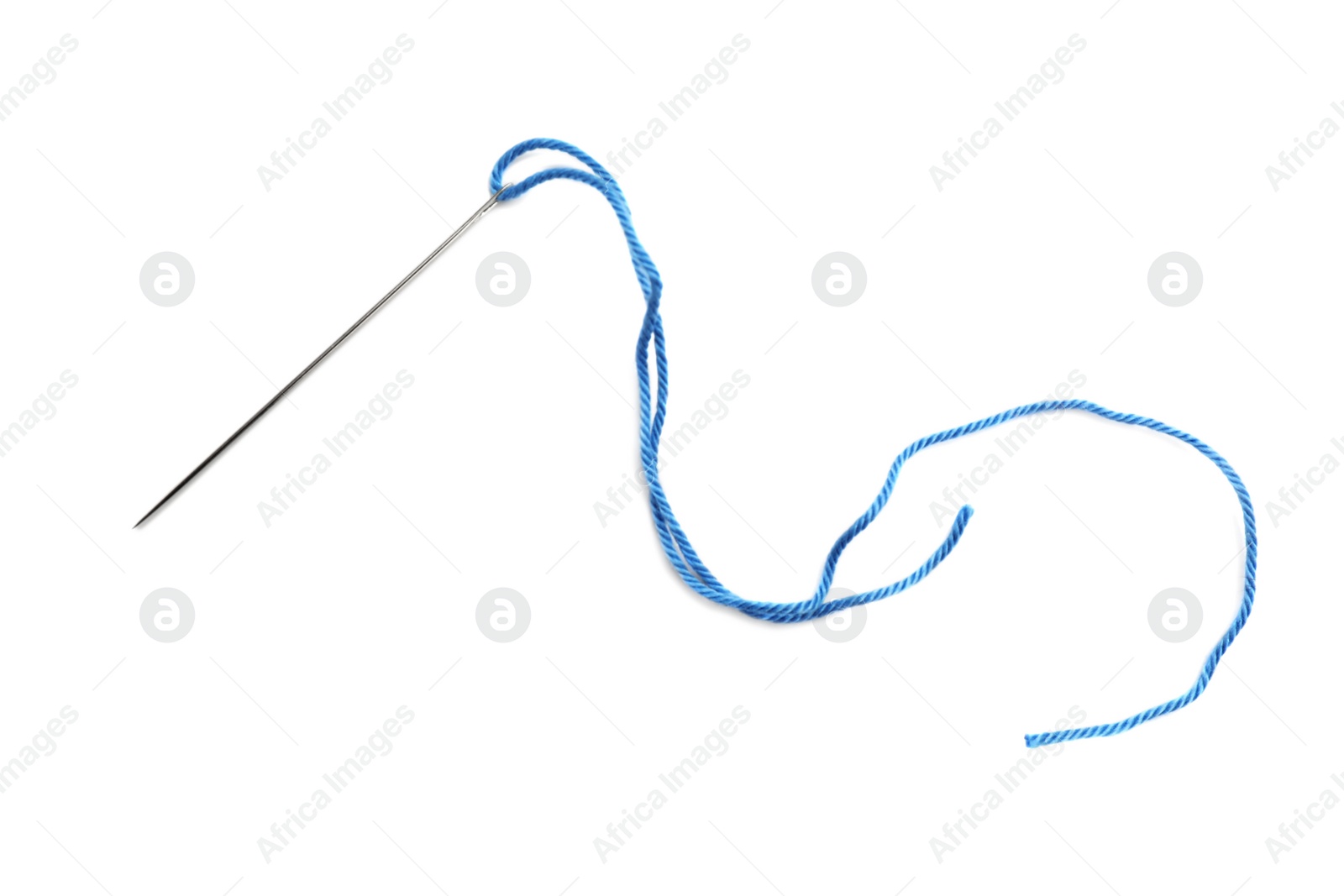 Photo of Sewing needle with light blue thread isolated on white, top view