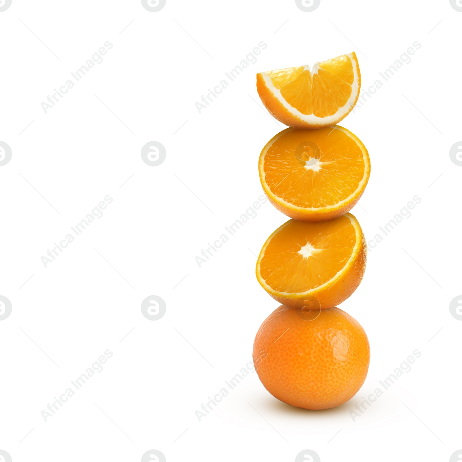 Image of Stacked cut and whole oranges on white background