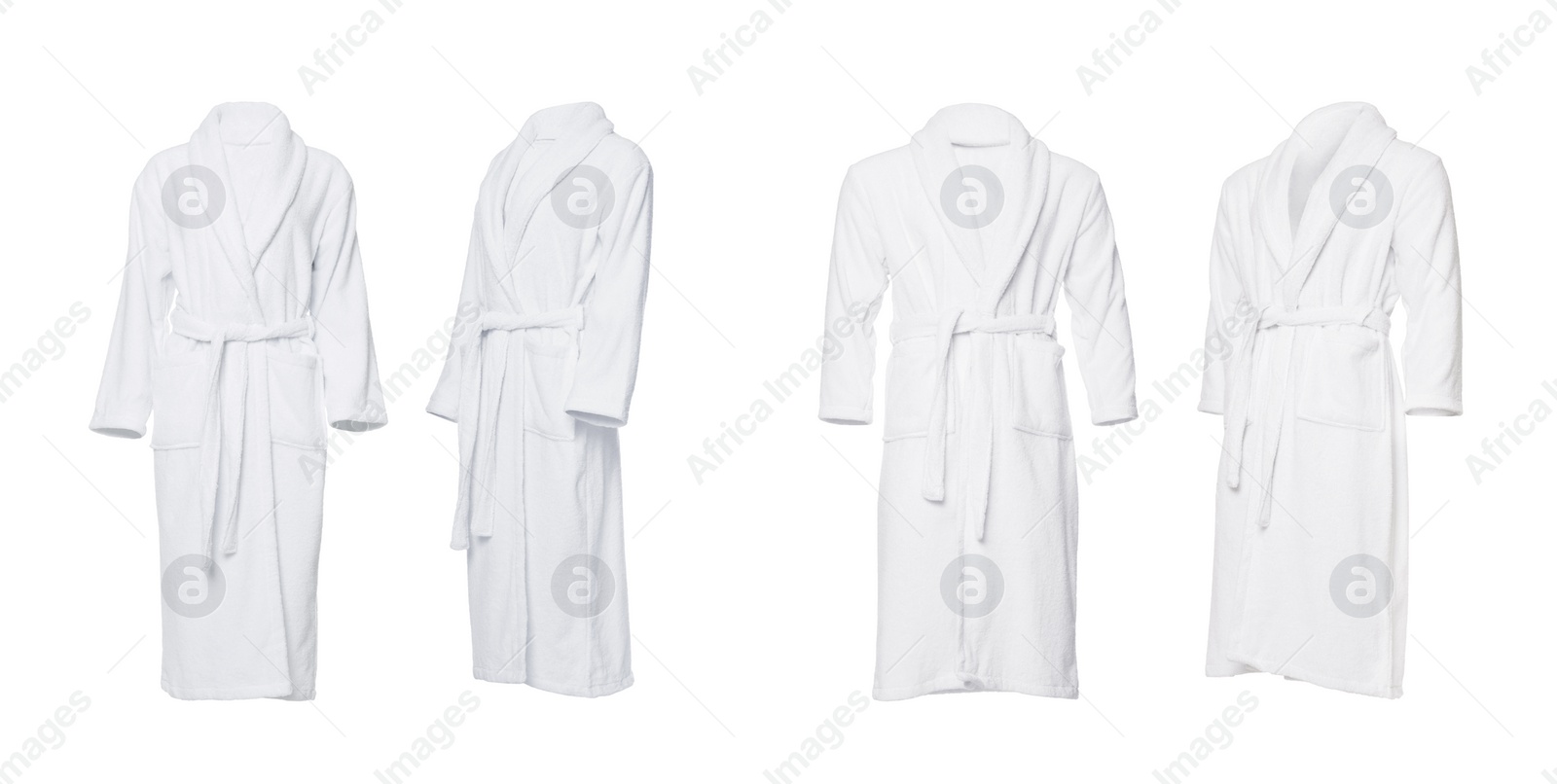 Image of Set of men's and women's bathrobes on white background