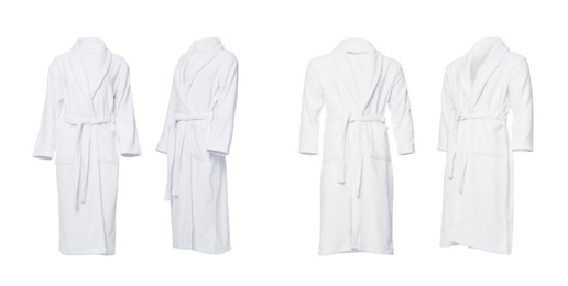Image of Set of men's and women's bathrobes on white background