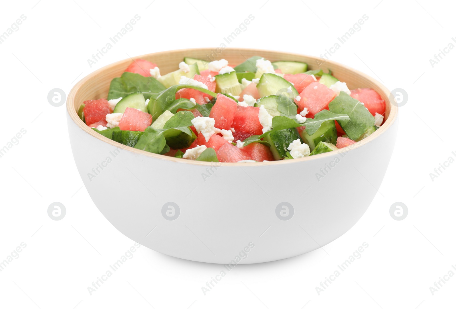 Photo of Delicious salad with watermelon, arugula and feta cheese isolated on white