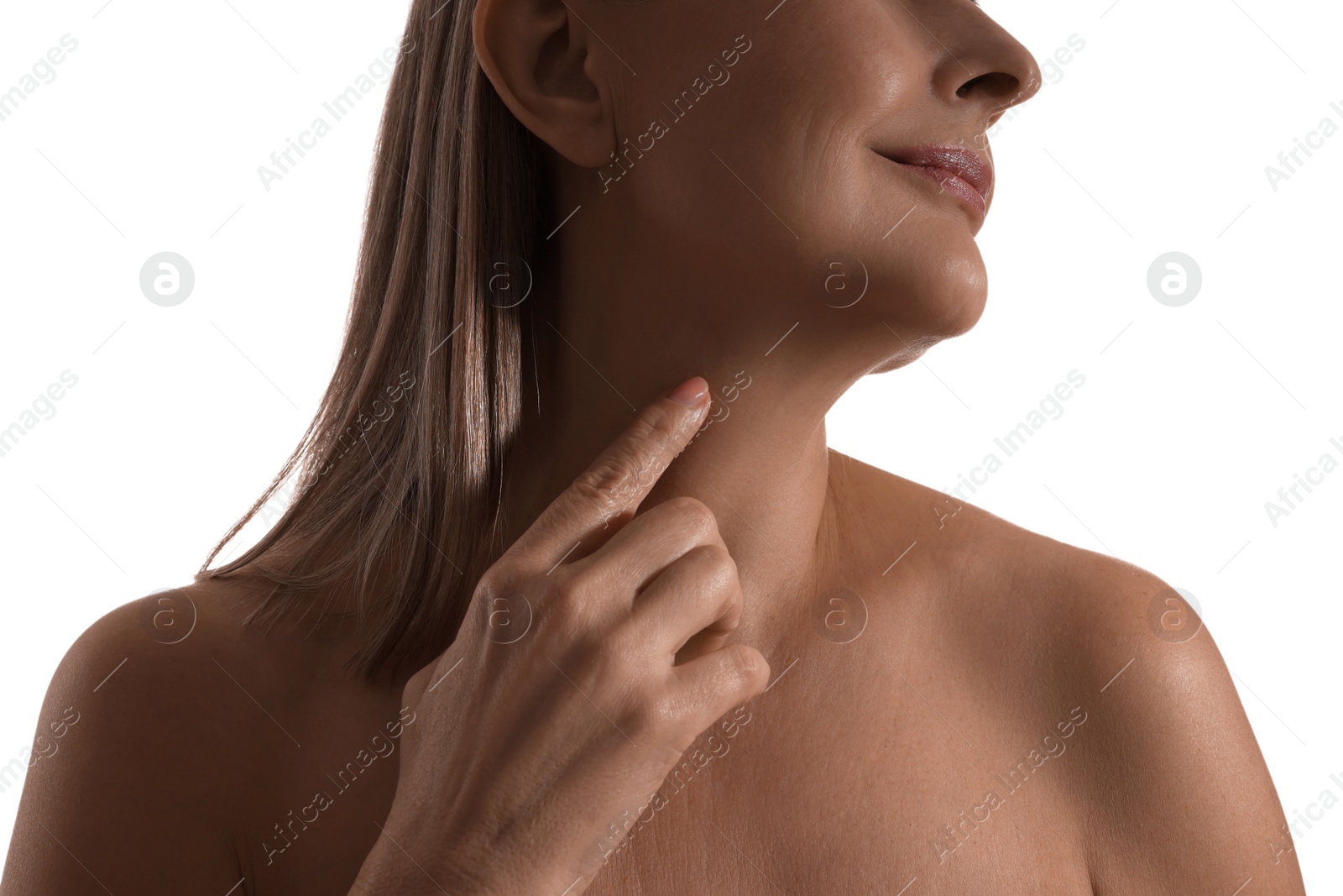 Photo of Mature woman touching her neck on white background, closeup