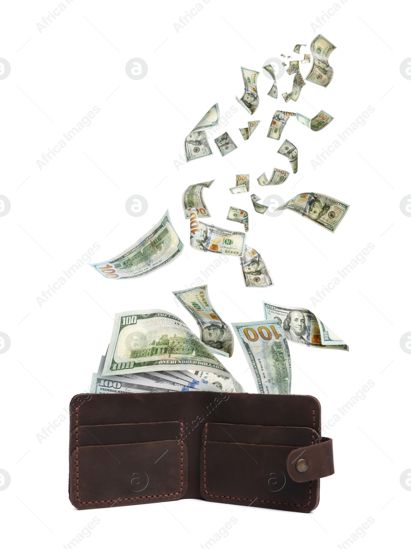 Image of Dollar banknotes falling into purse on white background