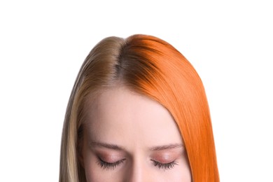 Image of Closeup view of young woman before and after hair dyeing on white background 
