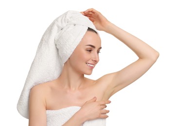 Photo of Beautiful woman showing armpit with smooth clean skin on white background