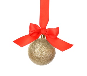 Beautiful Christmas ball with ribbon on white background