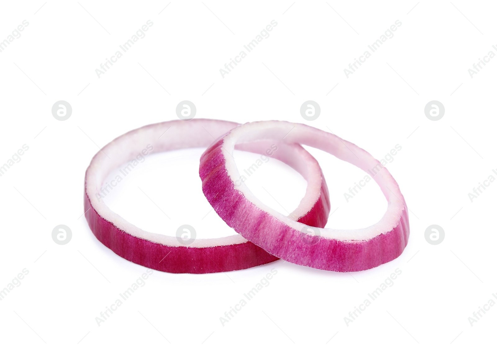 Photo of Sliced red onion rings on white background